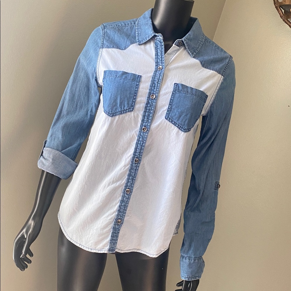 Express Two-Tone Blue Denim Shirt - Picture 13 of 13